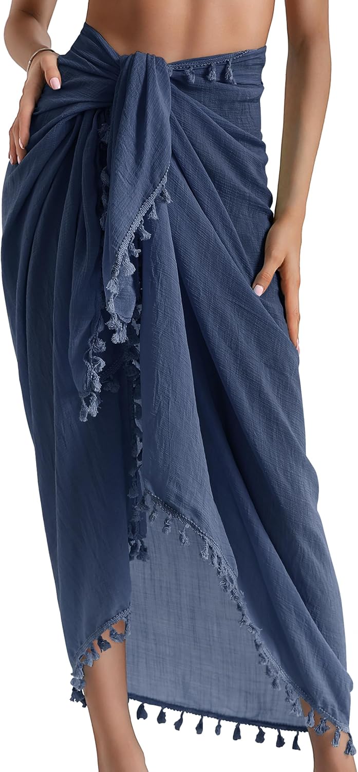 Eicolorte Beach Sarong Pareo Womens Semi-Sheer Swimwear Cover Ups Short Skirt with Tassels