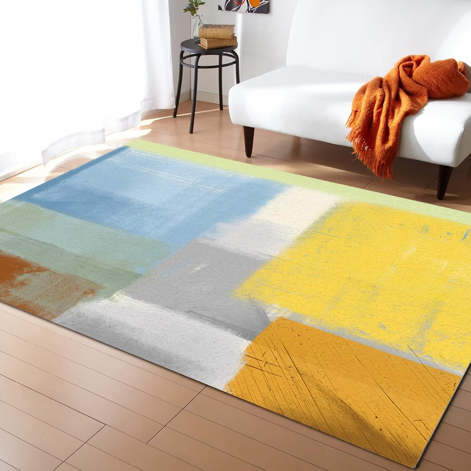 Non-Slip Area Rug Abstract Painting Art Style Orange Blue Yellow Grey Printed Rugs, Rubber Backing Floor Mats Absorbent Indoor Area Rug Carpet for Living Room Indoor 5'x2'7"