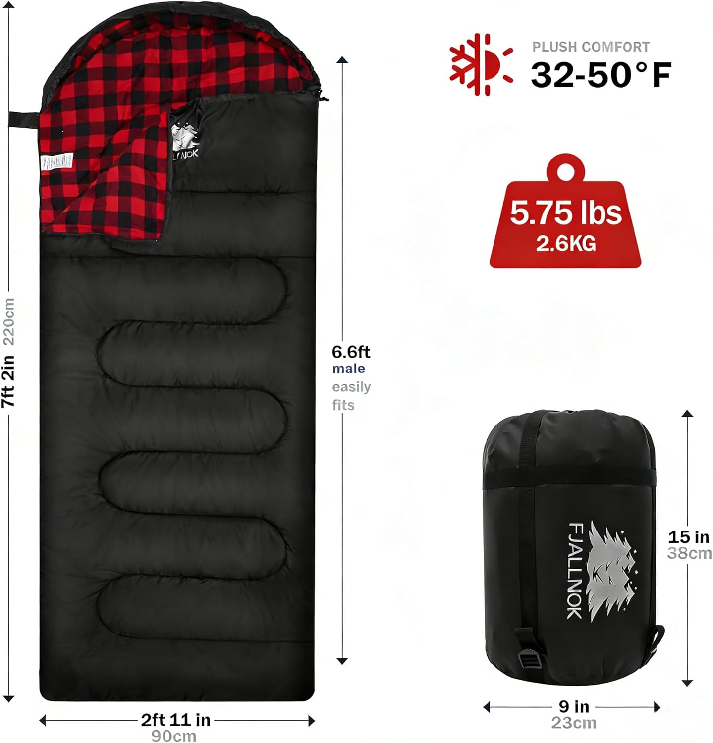 100% cotton flannel sleeping bag for adults, big&tall size backpacking lightweight waterproof for girls boys mens teen for camping hiking outdoor travel with compression bags 32-50?- black/red