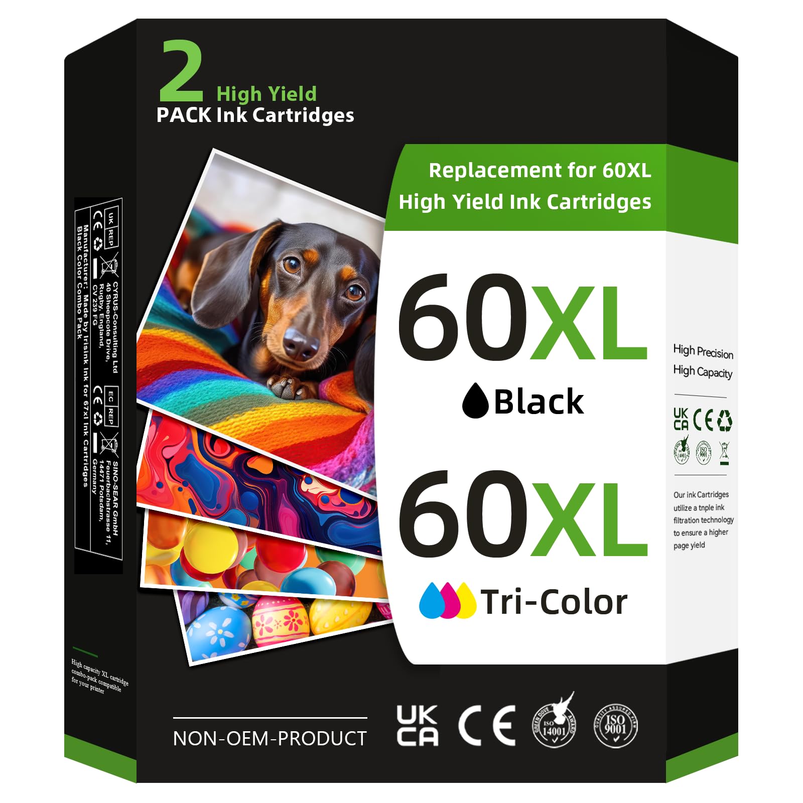 60XL Ink Cartridge Black and Color Combo Pack for HP Ink 60 60XL High Yield Replacement Fit for PhotoSmart C4780 C4680 C4795 C4640 Deskjet F4480 F4440 F2430 Envy 110 120 111 114 (1 Black 1 Tri-Color)