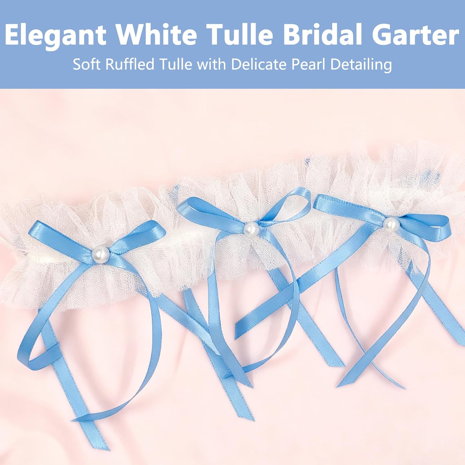 Elegant Garters for Bride White Tulle Ruffle Wedding Garter with Light Blue Pearl Bow Something Blue Bridal Accessory for Engagement for Bridal Shower Outfit and Decorations