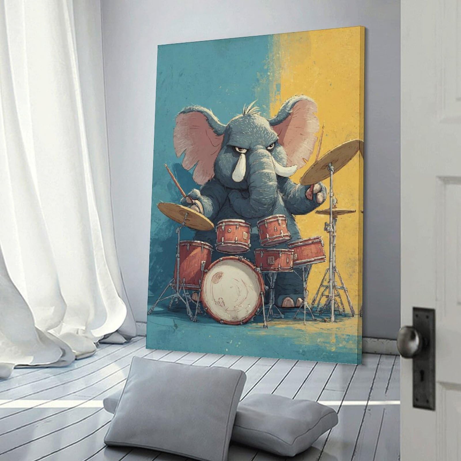 Junmoney Frame-Style-15 Canvas Wall Art Elephant Drummer Cartoon Illustration, 20X30inch(50X75cm), For Bedroom, Lounge Or Dressing Area, Canvas Wall Decor For Personal Spaces