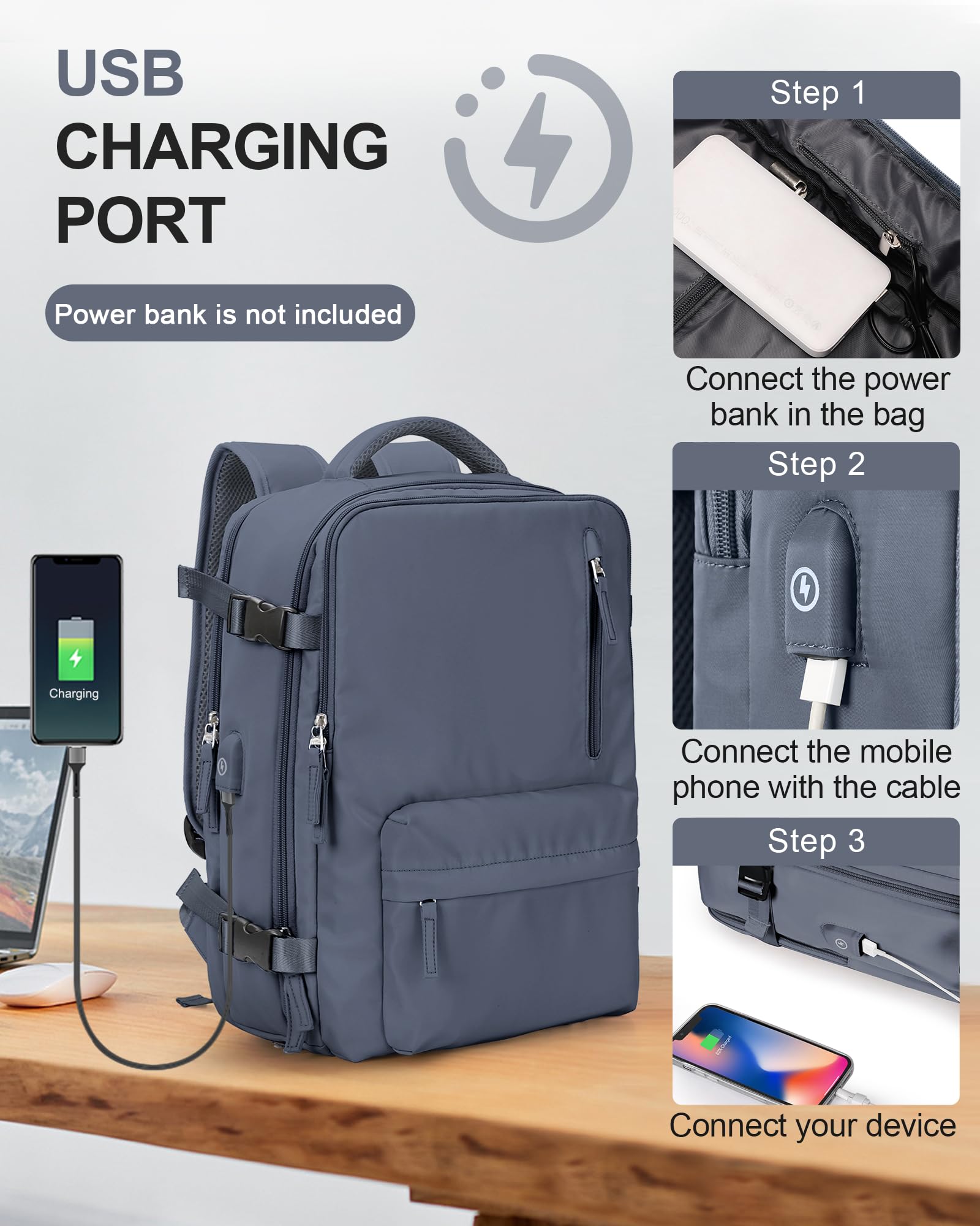 BJLFS Borse da Cabina per Ryanair 40×20×25 Bagaglio a Mano Easyjet 45×36×20 Borsa Zaino da Viaggio, Zaino da trekking,Zaino Casual per laptop da 14 pollici per scuola con porta di USB