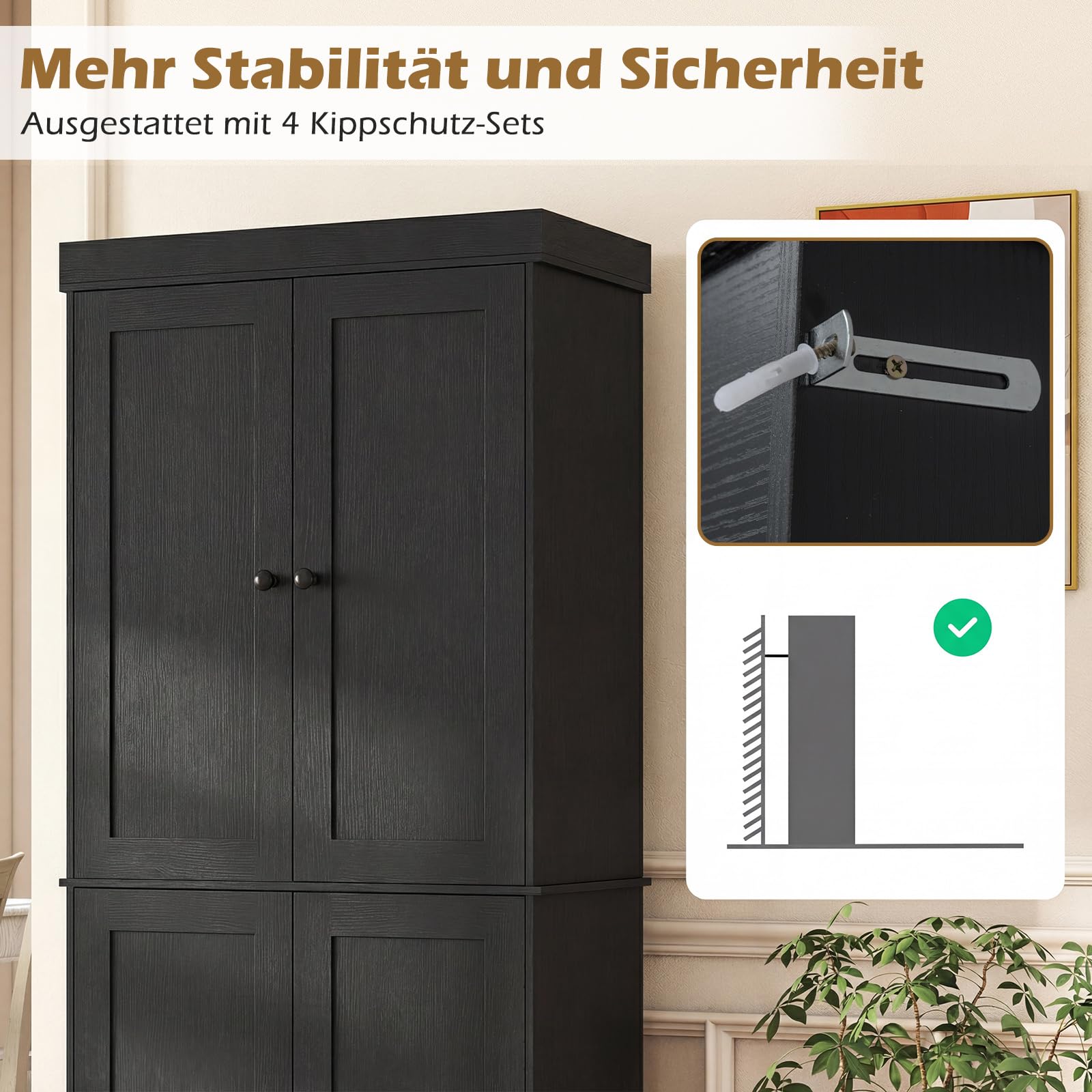 COSTWAY 6 stöckiger Küchenschrank, Hochschrank Küche mit 4 Türen & verstellbaren Regalen, Vorratsschrank freistehend, für Badezimmer, Wohnzimmer, Esszimmer, Büro, 76 x 40 x 185 cm (Schwarz)