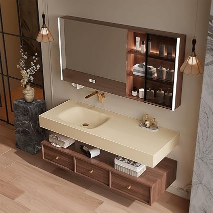 Modern Wall Mounted Floating Bathroom Vanity with Integrated Ceramic Sink, No Assembly Required, Hanging LED Intelligent Lighted Sensor and Demisting Mirror, Cabinet Spaces, 3 Soft Close Drawers