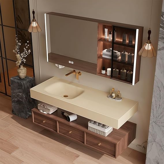Modern Wall Mounted Floating Bathroom Vanity with Integrated Ceramic Sink, No Assembly Required, Hanging LED Intelligent Lighted Sensor and Demisting Mirror, Cabinet Spaces, 3 Soft Close Drawers