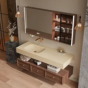Modern Wall Mounted Floating Bathroom Vanity with Integrated Ceramic Sink, No Assembly Required, Hanging LED Intelligent Lighted Sensor and Demisting Mirror, Cabinet Spaces, 3 Soft Close Drawers