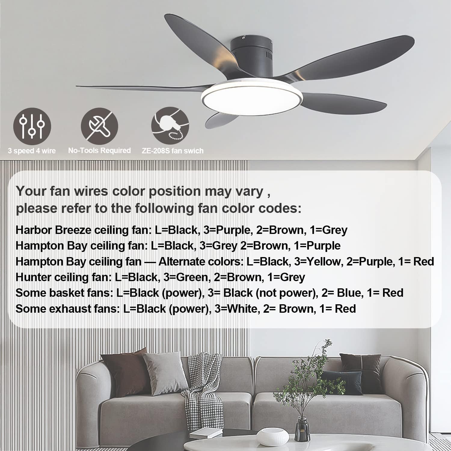with 4 Pre-Installed Wires Ceiling Fan Switch 3 Speed 4 Wire, ZE-208s Zing Ear E89885 Fan Pull Chain Switch, Black Chain