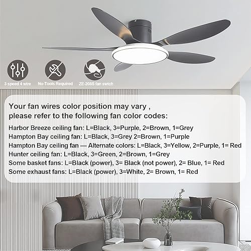 Miniatura 4 de ZE-208s Zing Ear E89885 - Interruptor de cadena para ventilador de 3 velocidades y 4 cables, con 4 cables preinstalados, cadena negra