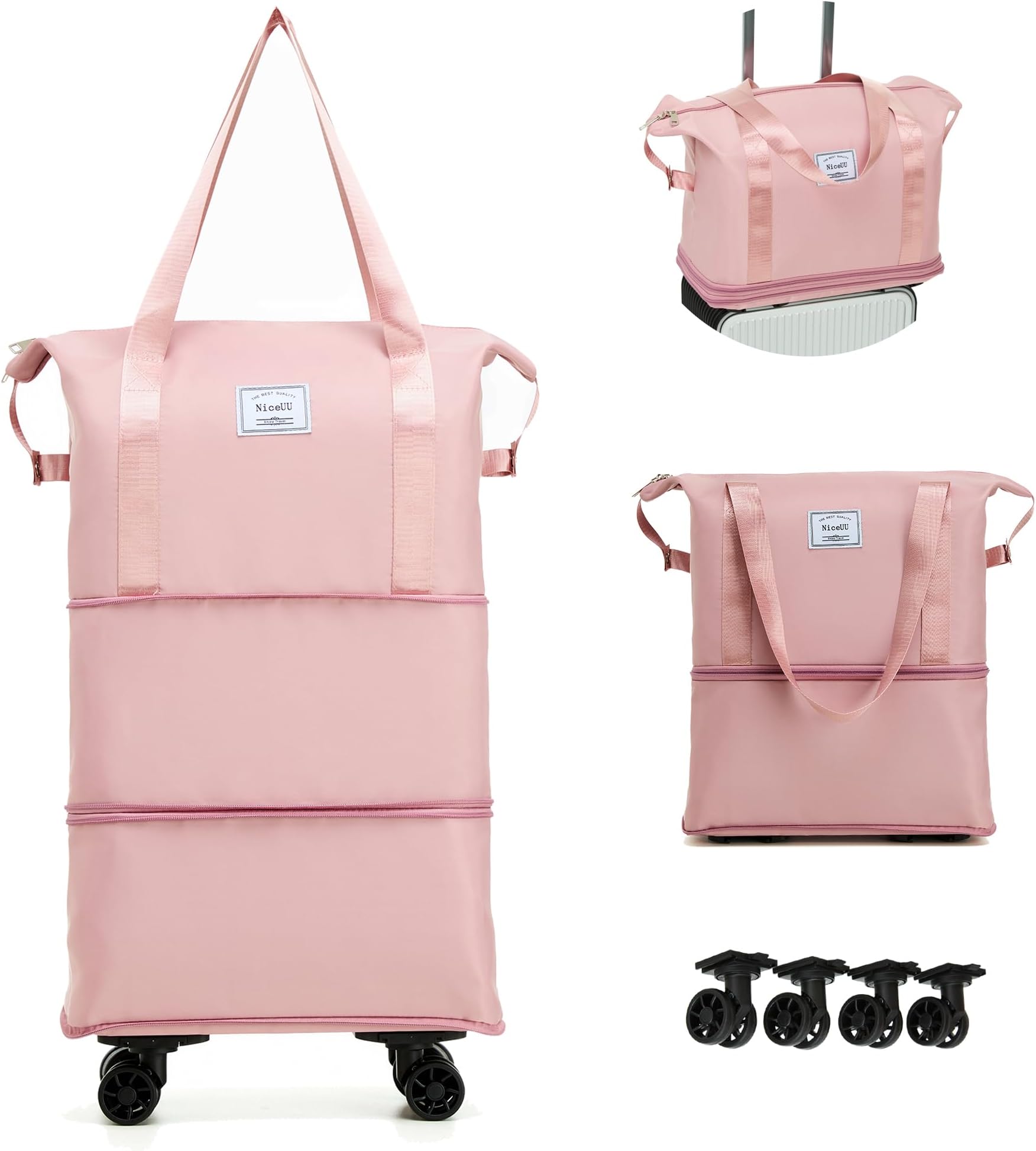 Travel Rolling Duffel Bag with Removable Wheels,Expandable Foldable Carry-On Luggage for Trip or Hospitalization, pink, 27x14.56x8.5 inches, Simplicity