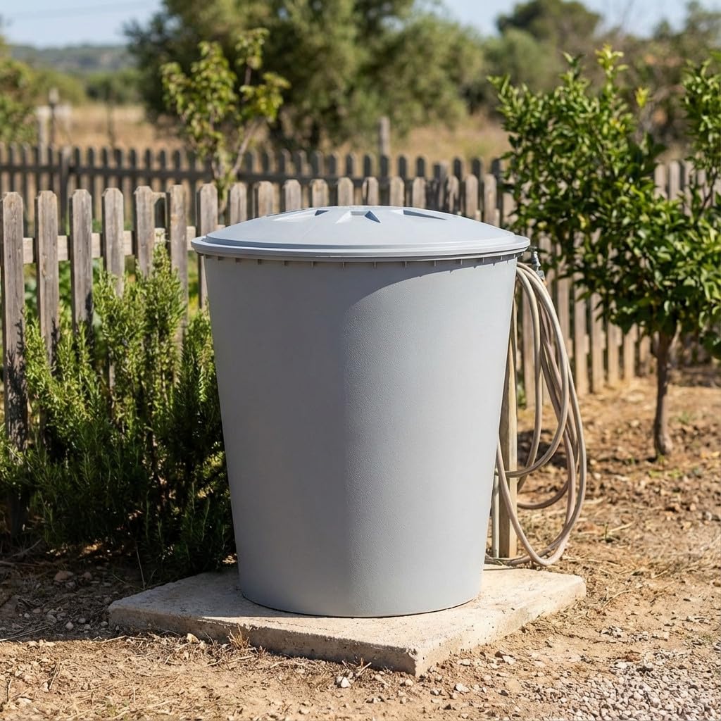 DEPÓSITO Polietileno 500 litros Agua Potable. Diámetro 100 cm, Alto 110 cm. Incluye Tapadera con Dispositivo de Seguridad contra el Viento, Gris