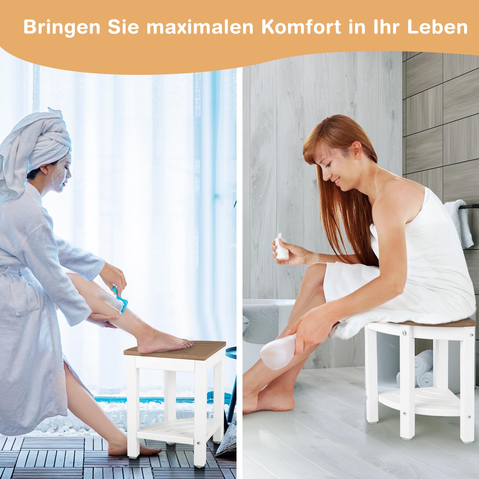 RELAX4LIFE Eck-Duschbank, HDPE-Duschhocker mit Ablage, Badezimmer-Fußstütze für Kleine Räume, Wasserdichter Duschhocker bis 150kg Belastbar, 2-stufiger Organizer für Innendusche, Braun+Weiß
