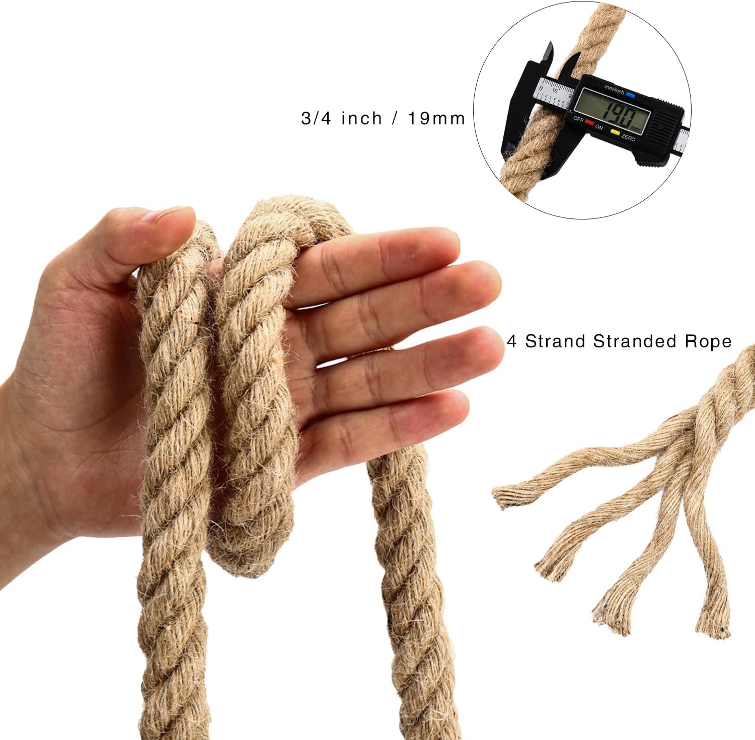 3/4 inch x 98ft Hemp Rope Thick Rope Natural Jute Rope Nautical Rope Heavy Duty Rope Deer Rope for Swing Crafts Gardening Nautical Tug of War Rope Bundling Packing Rope