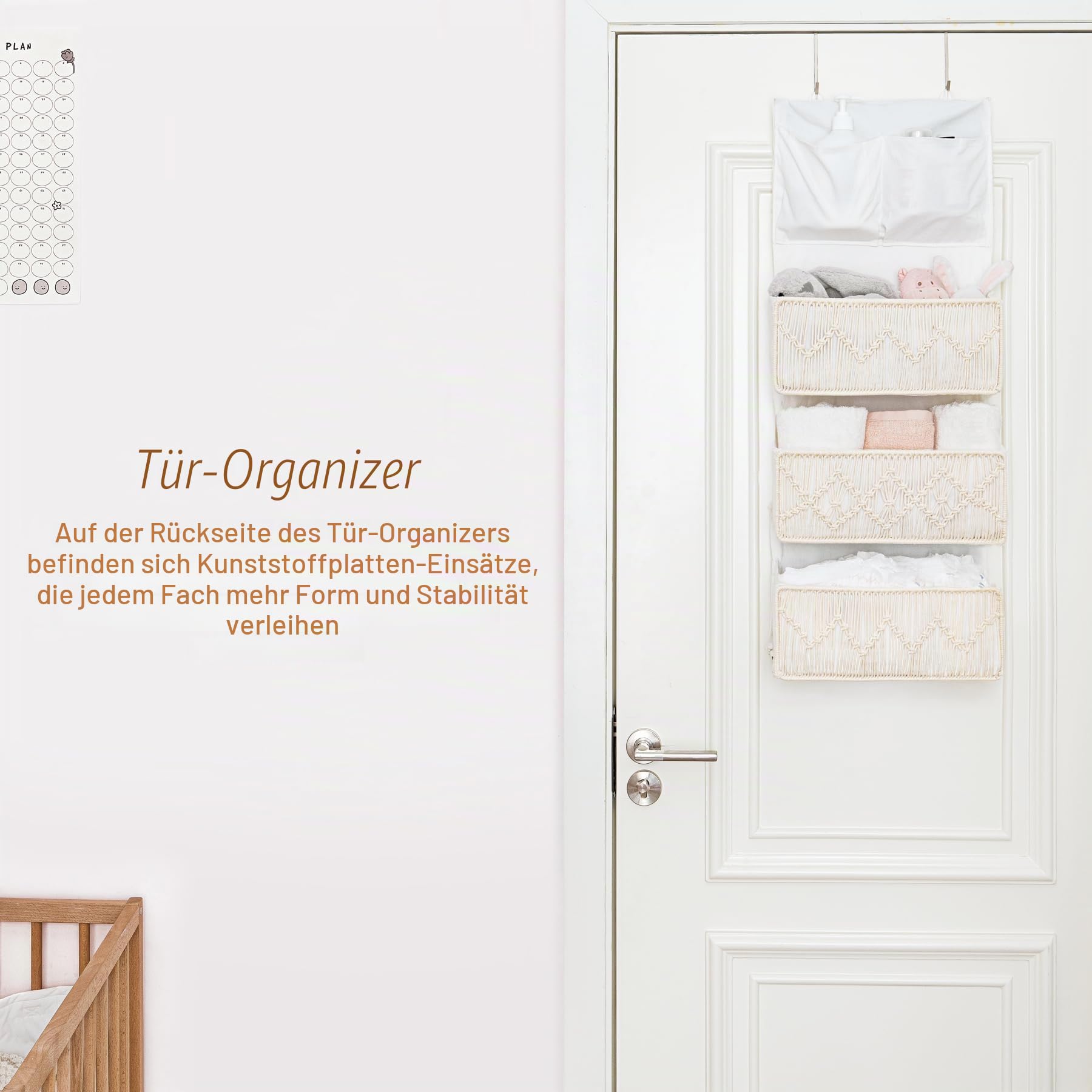 Mkono Hängeorganizer mit 3 Großen Taschen, Makrame Tür Organizer, Boho Speicher Dekor und 2 Metallhaken für Schlafzimmer Badezimmer Pantry, 80cm x 33cm x 12cm, Elfenbein