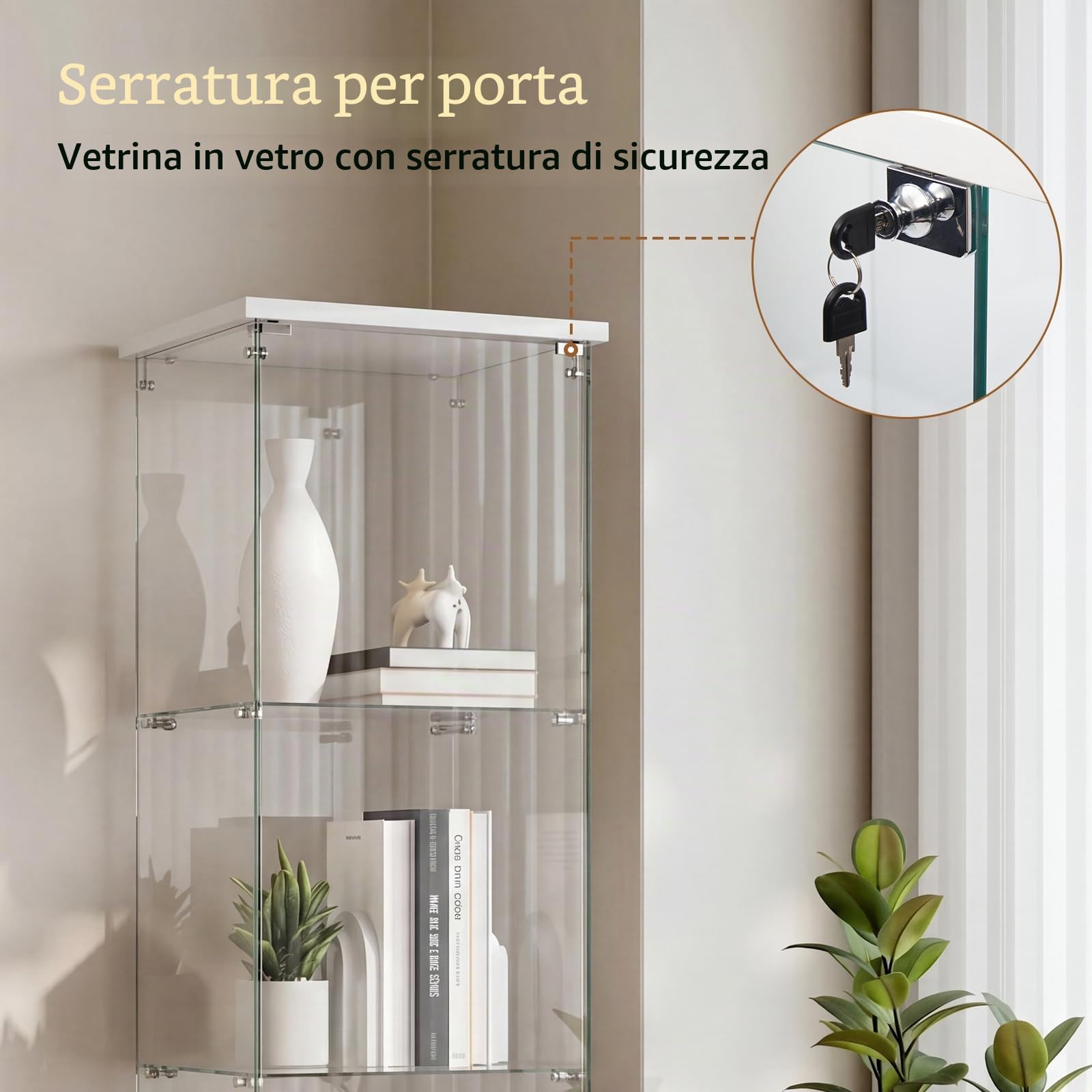 Vetrine di Vetro a 4 Strati, 1 Porta,Vetrinetta Espositiva con Serratura, Vetrinetta Espositiva a Colonna Vetrina Soggiorno con SerraturaVetrinetta in Vetro per Soggiorno 164×42.5×36.5cm