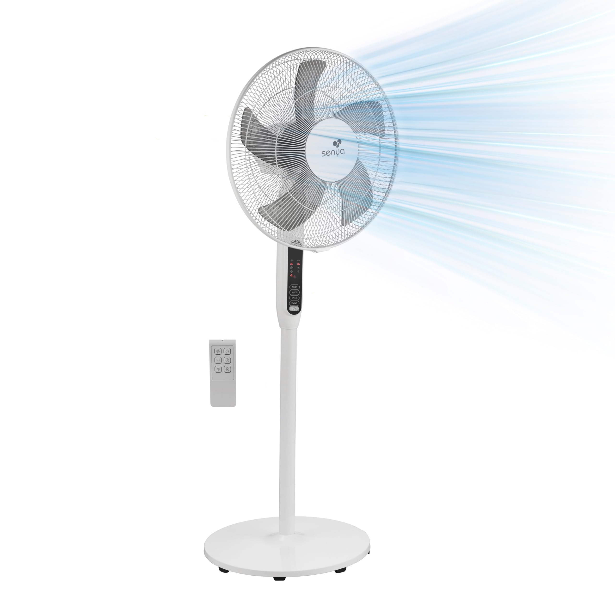 SENYA Silence & Cool – Ventilateur sur pied silencieux 120cm avec pales, 3 vitesses, 3 modes (nuit, naturel, normal), oscillation, tête orientable, télécommande et minuterie 7h