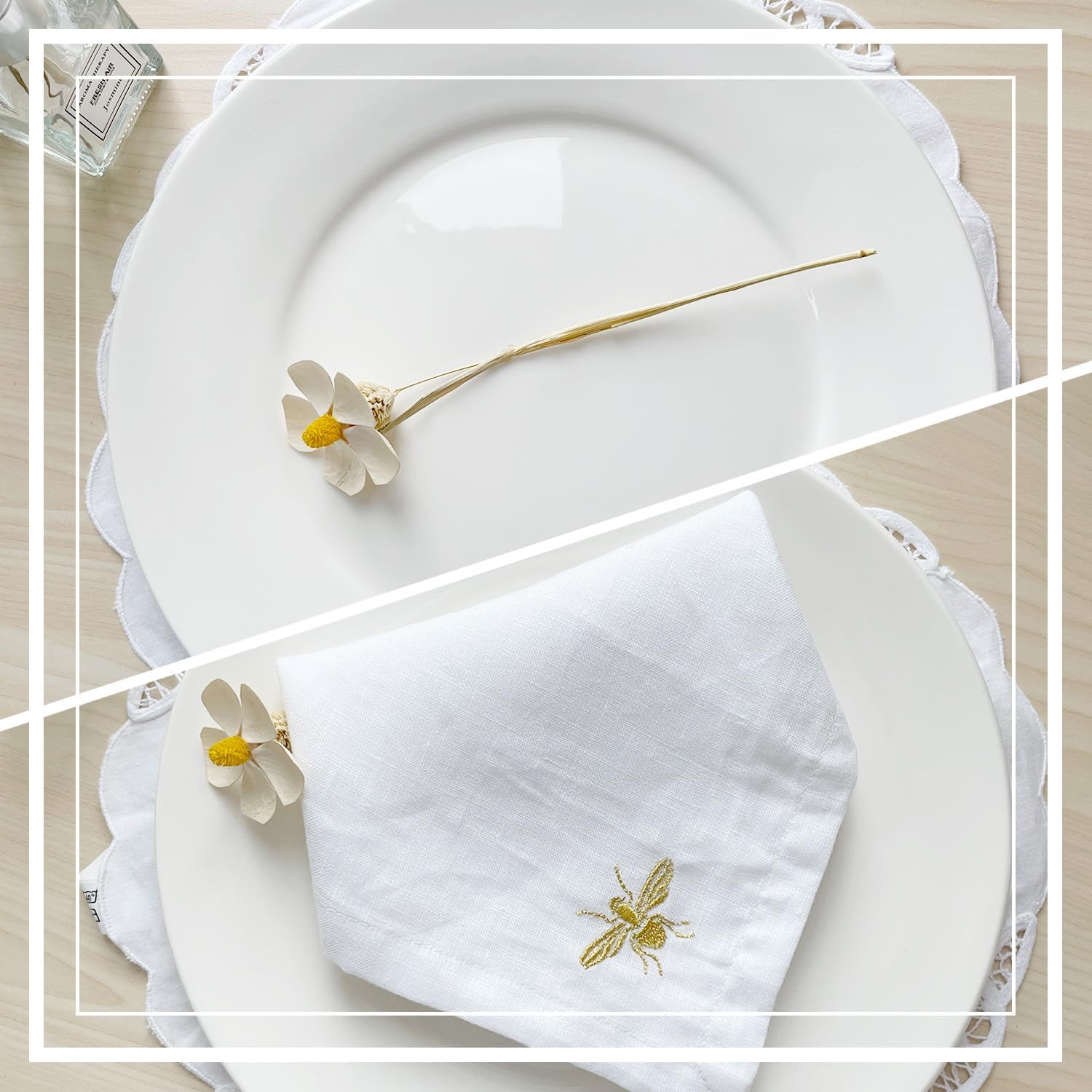 DerF HOME Cloth Napkins 100% Pure Linen Embroidered Napkins Set of 4,18 x 18 Inch White,Handcrafted with Flax Machine Washable Soft & Durable