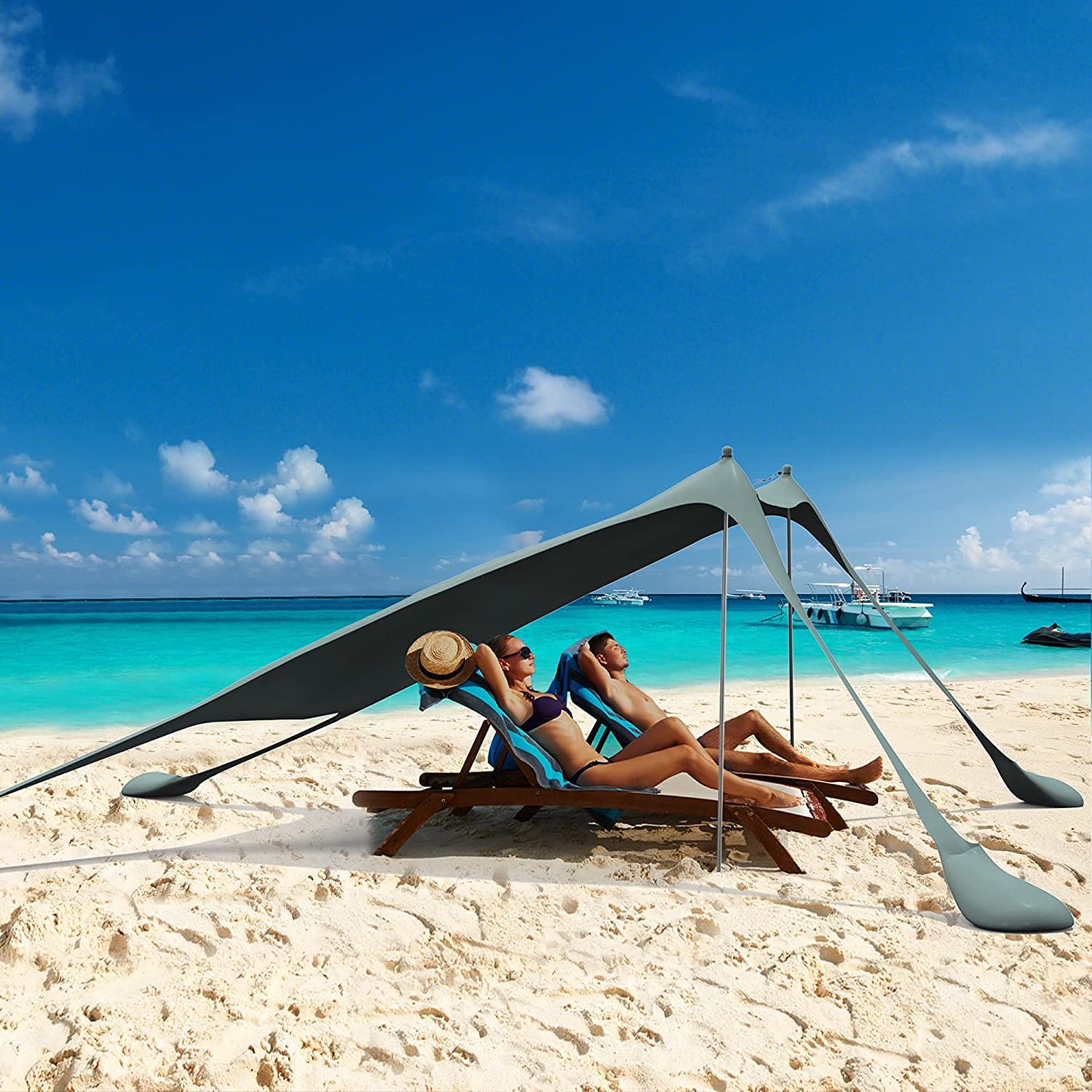 Strandmuscheln Strand Sonnenschutz Strandzelt Sonnendach Sonnensegel für Strand Camping Outdoor mit Sandsäcken und Stangen (Grau, 210cm & 2 Stangen)
