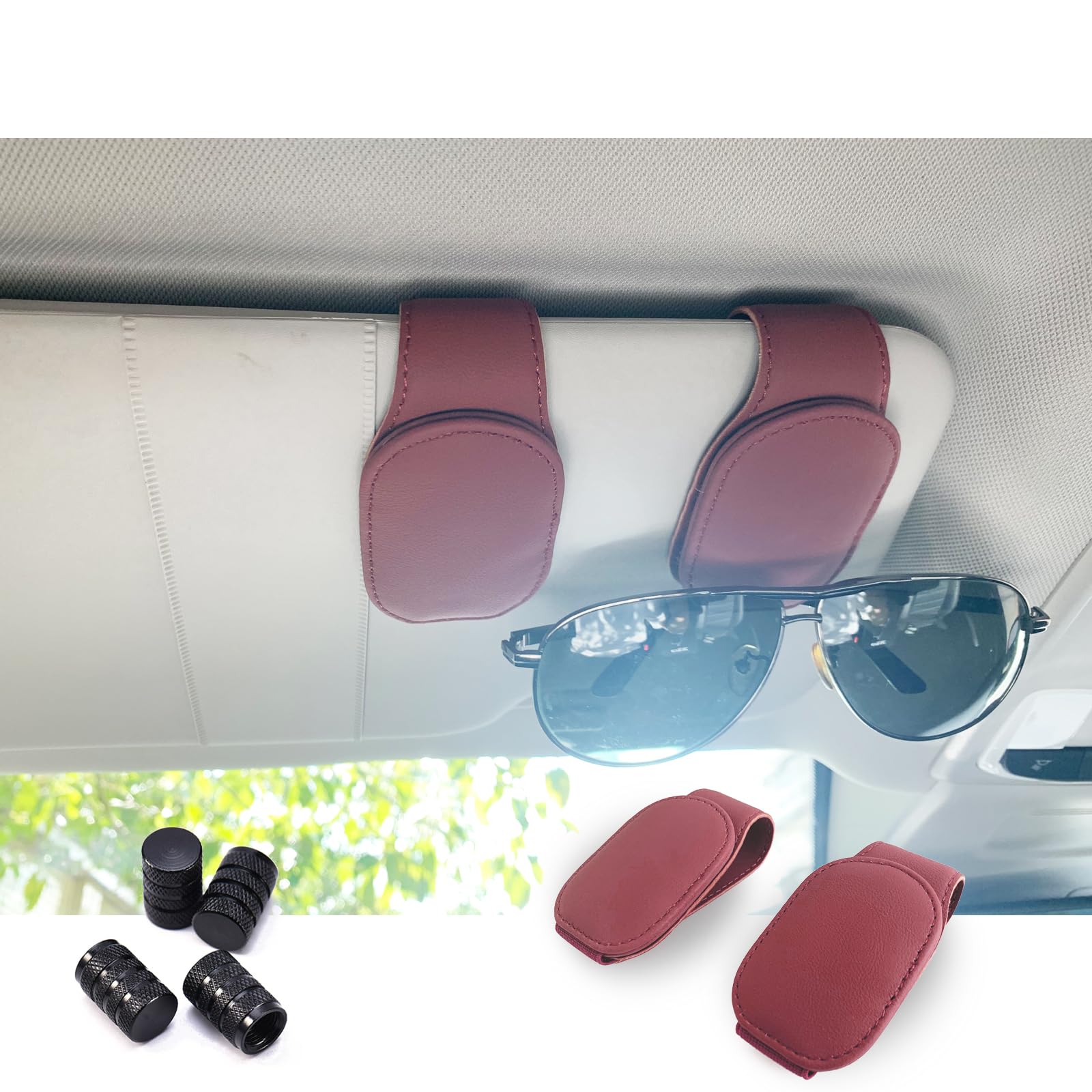 Foncnci Sunglass Holder for Car, Magnetic Leather Sunglasses Holder and Ticket Card Clip, Car Sunglass Holder Accessories Universal-2 Pcs (Wine Red)