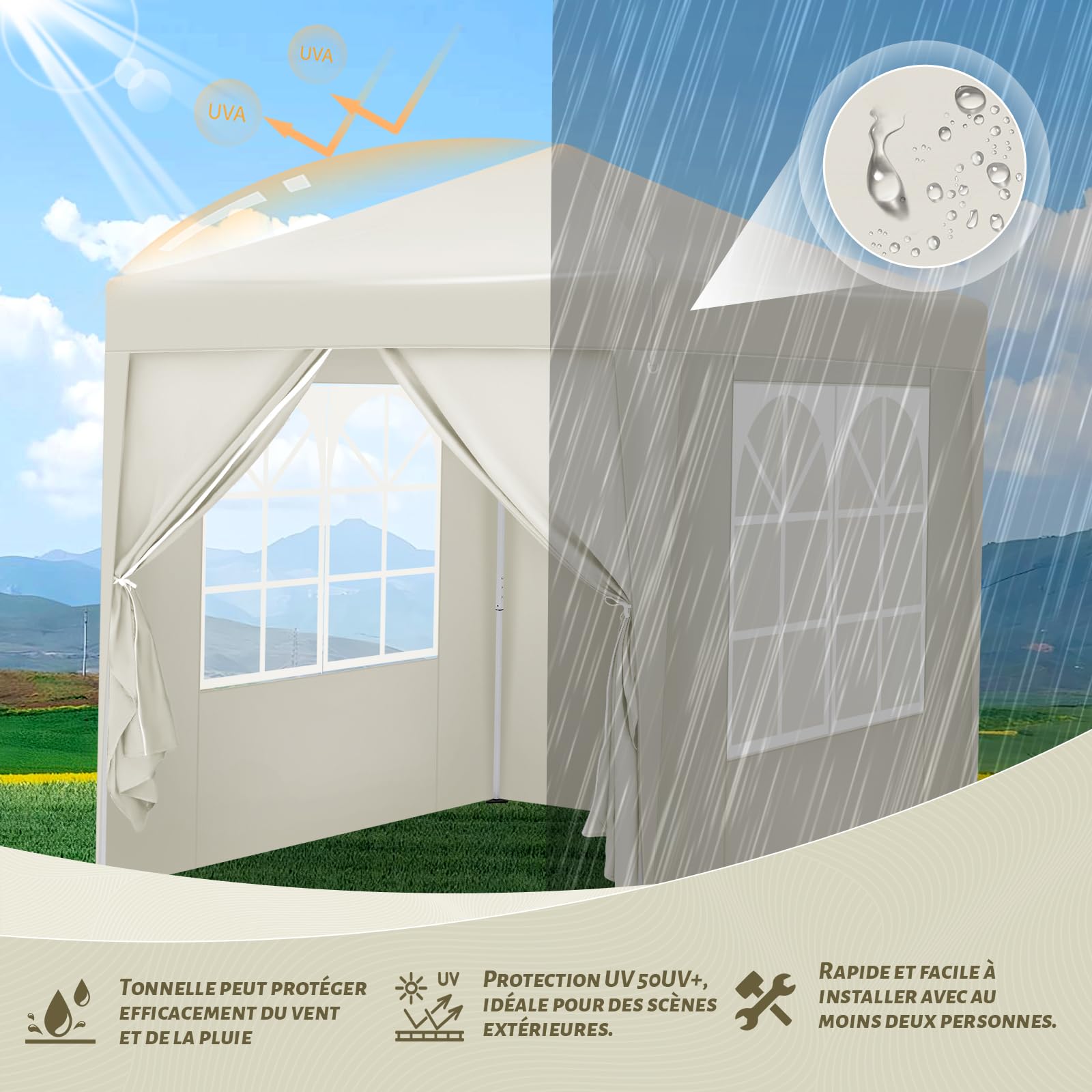 WOLTU Tonnelle de Jardin 2x2m Pop up Pergola Pliante avec 4 parois Beige