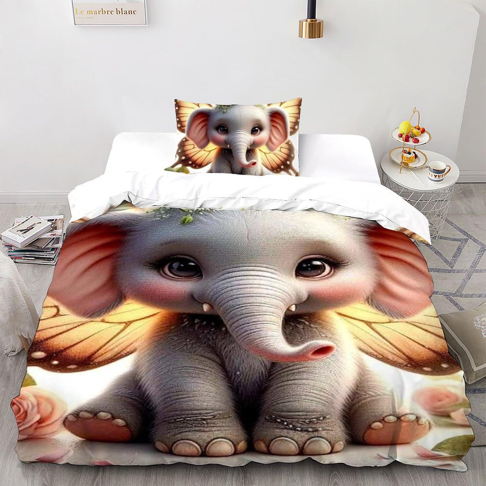 Housse de couette single éléphant papillon 135x200cm pour lit enfant