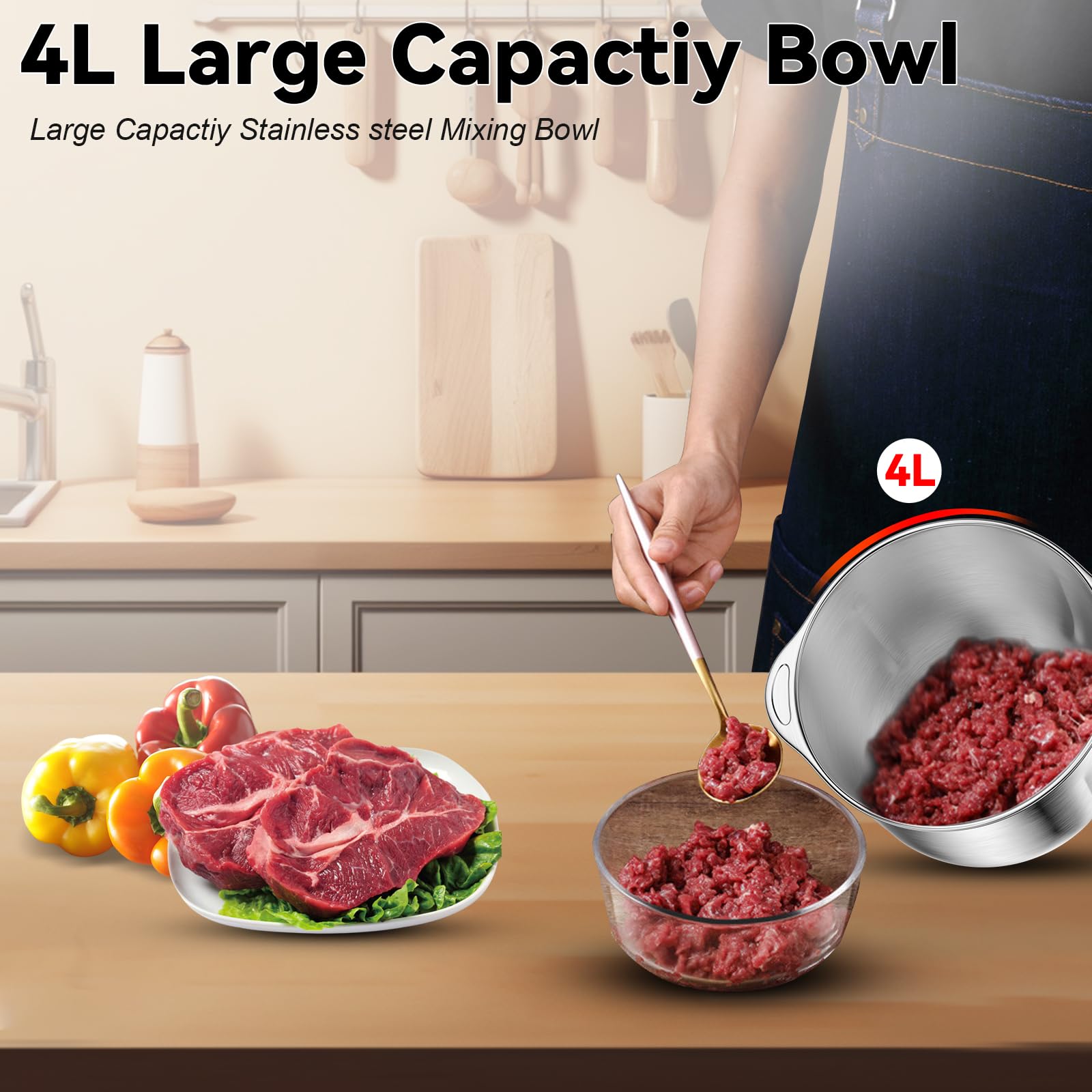 Tritatutto da Cucina Elettrico 4 L, 300W Motore in Rame Puro, 3 Velocita, 6 Lame, Ciotola in Acciaio Inox, Lavabile in Lavastoviglie, Tritatutto Elettrico per Carne, Verdure, Frutta