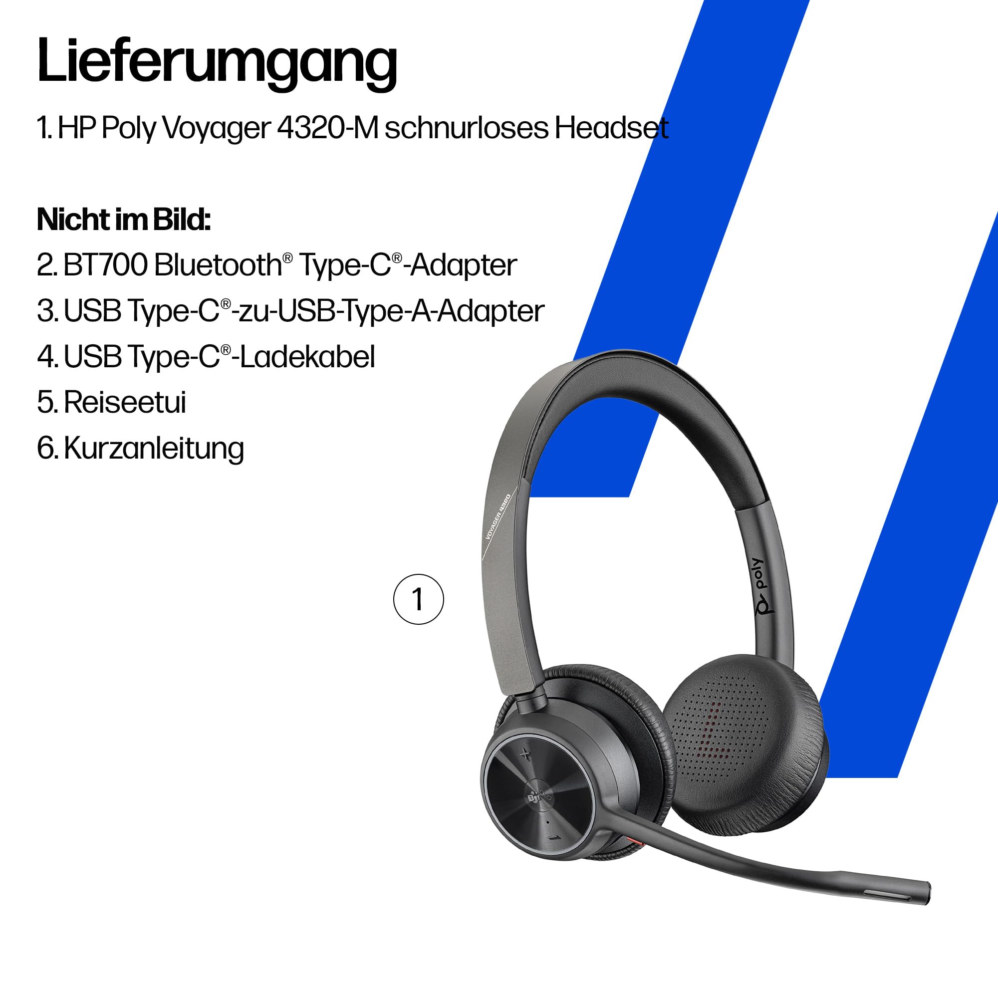 Poly Voyager 4320 UC schnurloses Headset, Stereo-Kopfhörer mit Noise Cancelling-Mikrofonarm, Verbindung mit PC/Mac/Mobiltelefon über Bluetooth, Kompatibel mit Teams (zertifiziert), Zoom und andere