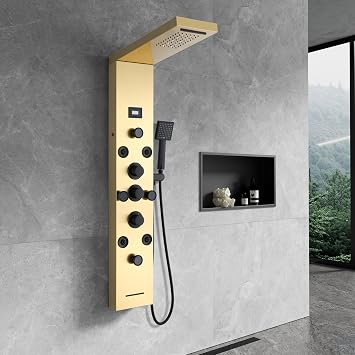 Shower Tower Panel LED, KEOKBON 6 in 1 Stainless Steel Shower Column System with LCD Temperature Display, Waterfall & Rainfall 8 Massage Handheld Bath Spout, Brushed Gold & Black