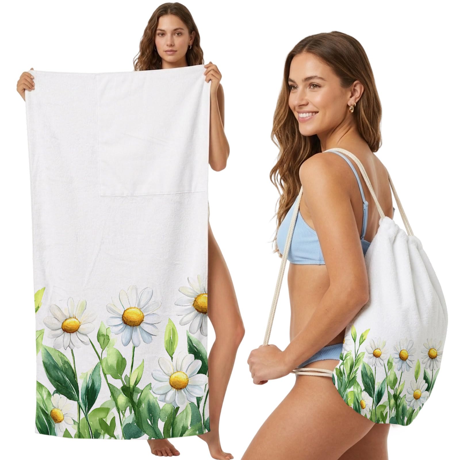 FWJZDSP Beach Towel Backpack Convertible White Daisy Sand Free Quick Dry Towel Bag Watercolor Flower Beach Towel with Adjustable Straps for Travel Swimming Pool Beach Accessories 31.5x63in