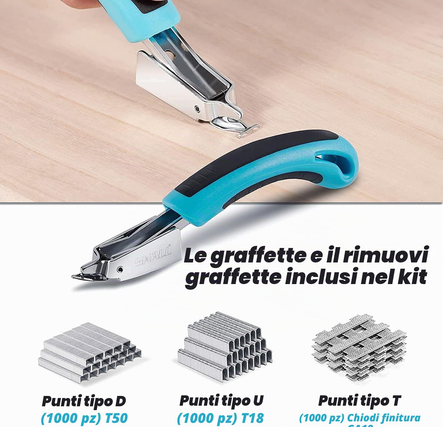 SHALL Set di pinzatrici a mano, 3 in 1, potente pinzatrice per legno con 3000 punte, certificato TÜV GS, pistola per falegnameria, decorazione, fissaggio cavi, incl. rimozione graffette