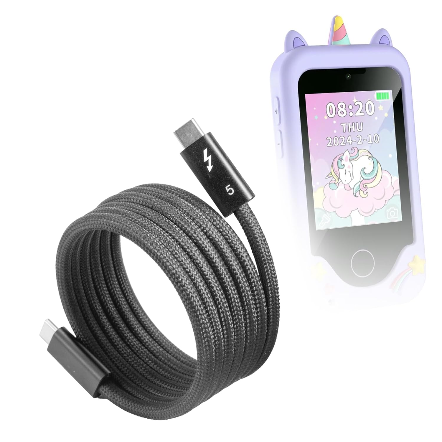 BoxWave Cable Compatible with Luoba PH05 (2.8 in) - SnapWrap Thunderbolt 5.0 Cable (5ft 240W), Magnetic Self-Coiling Nylon Braided Retractable - Jet Black