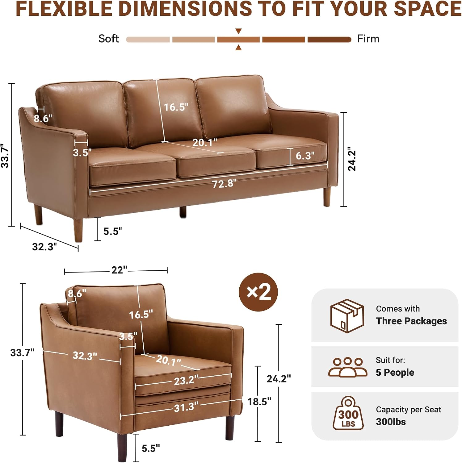 Kingfun Mid-Century Modern 3 Seater Faux Leather Couch and 2 Armchair Set Brown