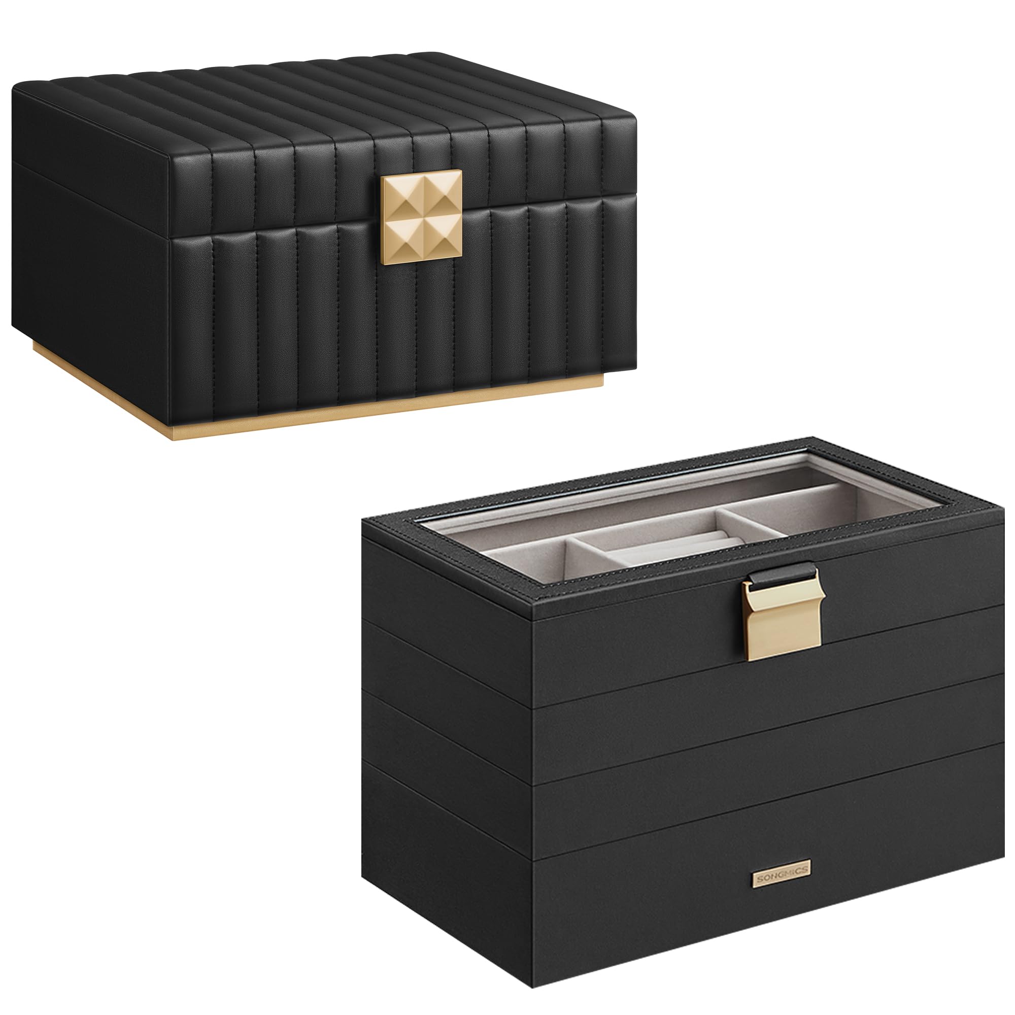 SONGMICS 4-Tier Jewelry Box with Glass Lid and 2-Tier Jewelry Organizer Bundle, with Drawers and Mirror, Removable Tray, Floating Effect, PU Surface with Stitching, Ink Black UJBC164B01 and