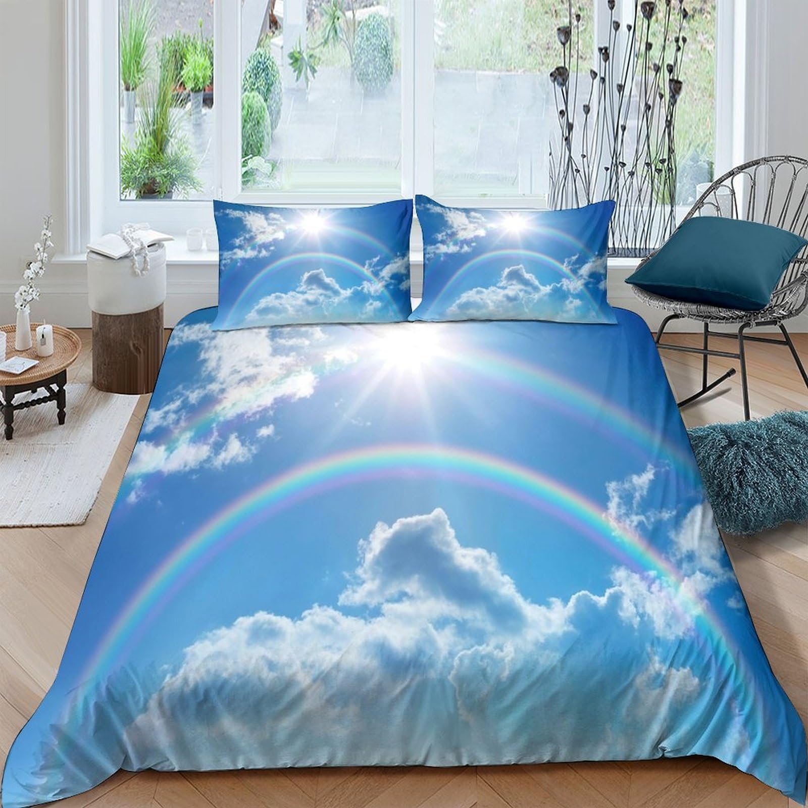 GPLZQXKJNH 3D Printed Rainbow Sky Duvet Cover Microfiber Breathable Cloud Bedding Set with 2 Pillowcases for Bedroom Decor Single（135x200cm）