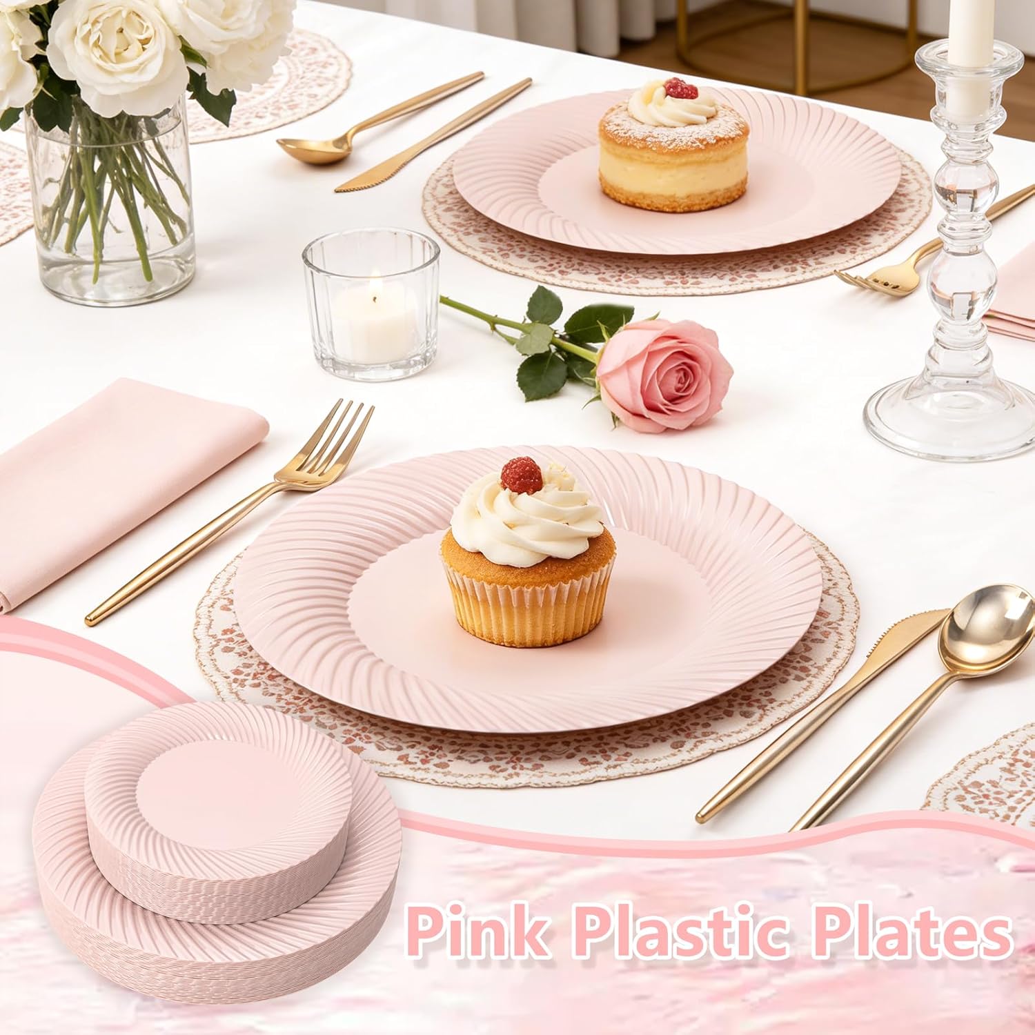 IOOOOO10 Inch Pink Plastic Plates, 100 Count Pink Plastic Dinner Plates,Disposable Heavy Duty Dinner Plates,Premium Hard Gold Disposable Plates for Party, Weddings & Events