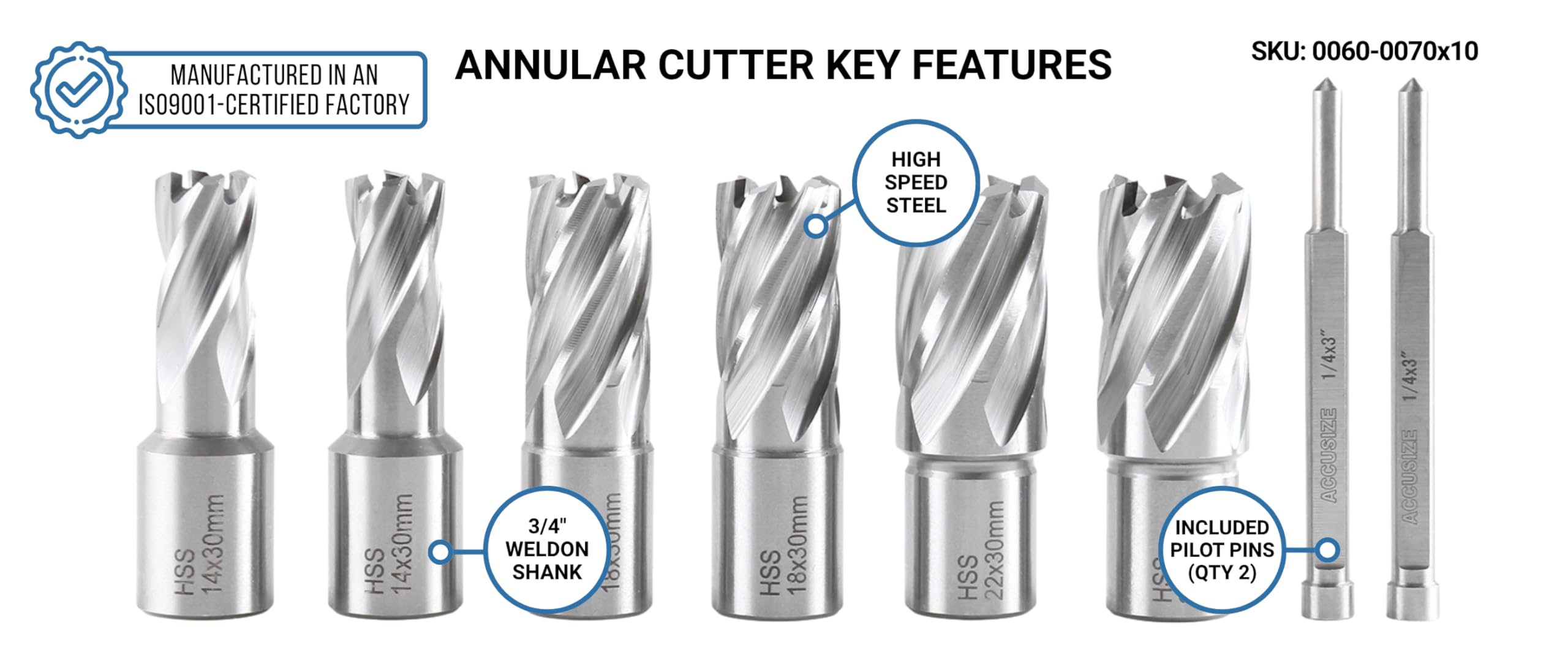 Accusize Utensili Industriali Slugger Cutter Set 14, 18, 22mm Diametro di taglio; 30mm Profondità di taglio, 0519-0030