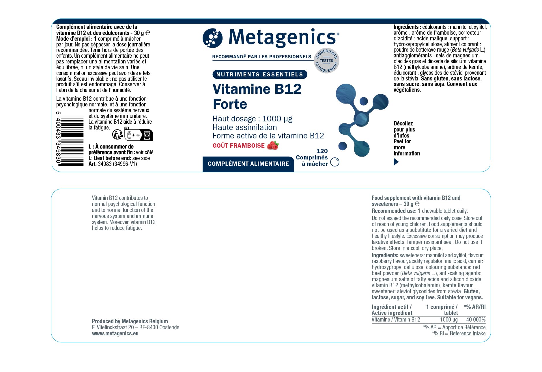 Metagenics Vitamine B12 Forte 1000 μg - Soutien de l'énergie et du système nerveux, réduit la fatigue, 120 comprimés à croquer goût framboise