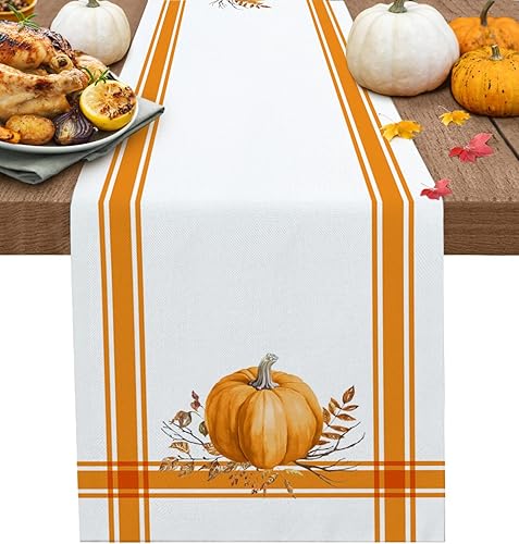 Camino de mesa de Acción de Gracias, ramas de hojas de calabaza, para mesas de comedor, rayas naranjas, camino de cena de otoño, decoración de