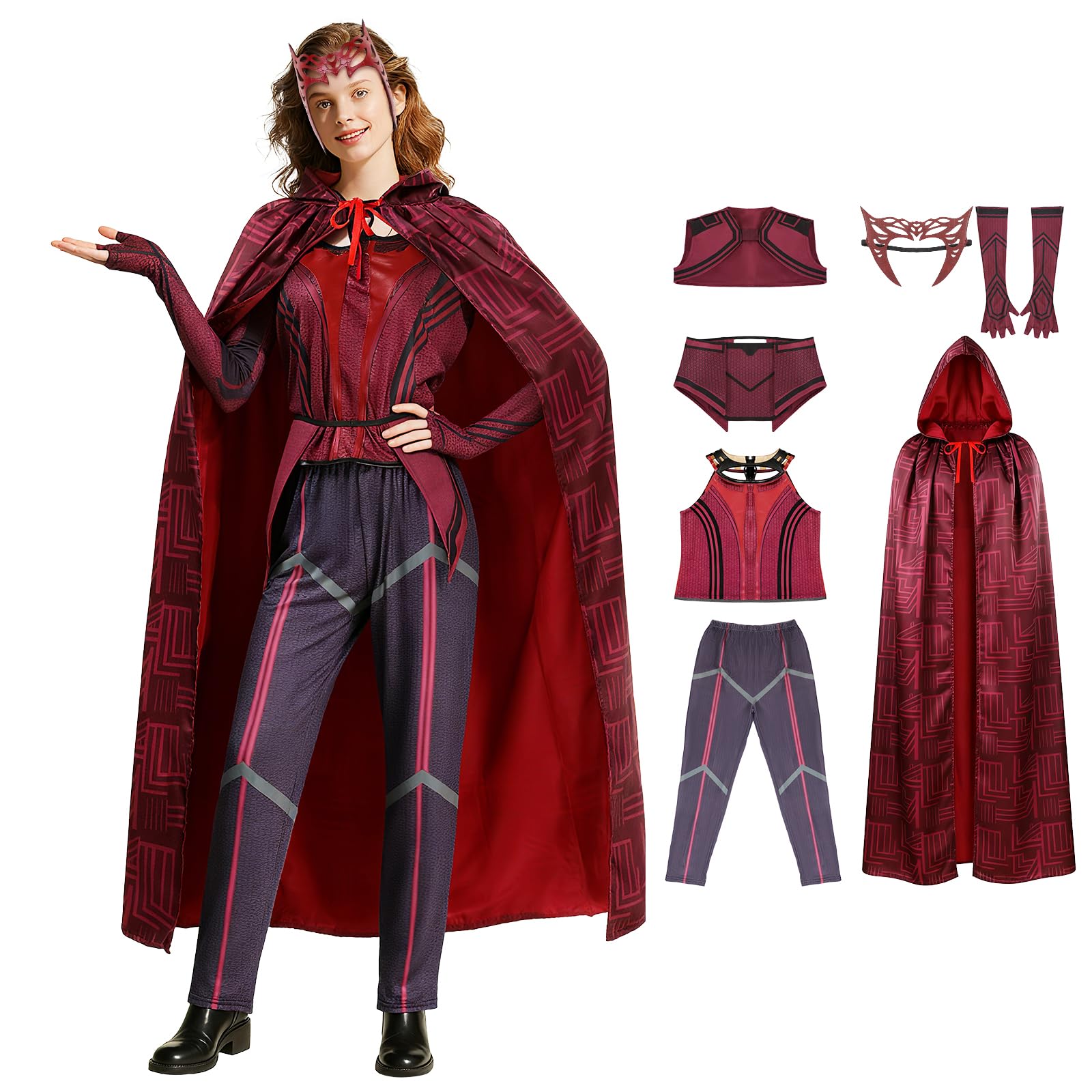 Disfraz de bruja de escarlata para mujer, disfraz de Wanda Maximoff con capucha, chaqueta, pantalones, traje, sombrero, Halloween, cosplay, disfraz de carnaval