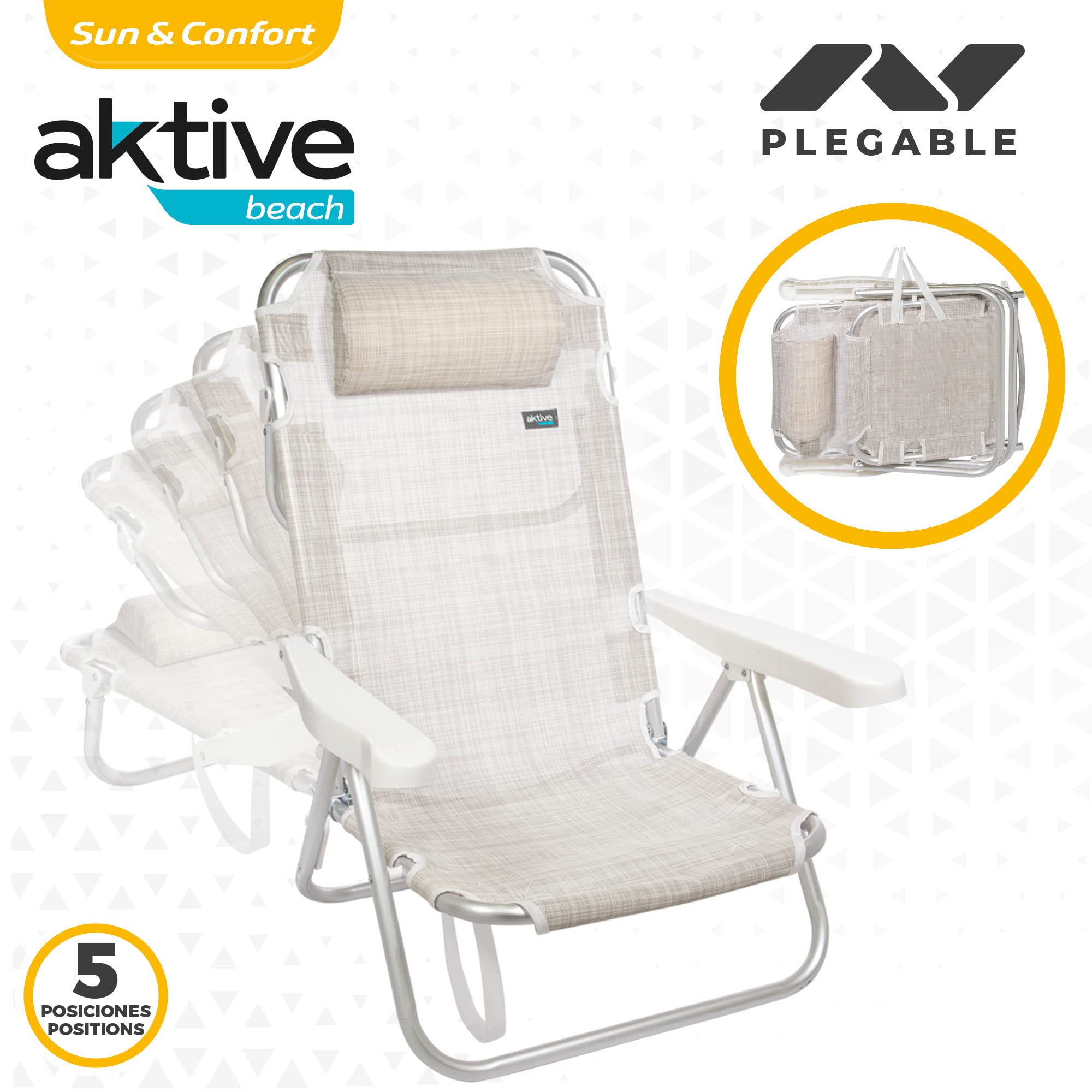 Aktive 62254 - Pack de 2 sillas plegables multiposición para playa, jardín, terraza o camping, 5 posiciones diferentes, Altura 21 cm, medidas 48x45,5x84 cm, Reforzadas, incluye asa de transporte