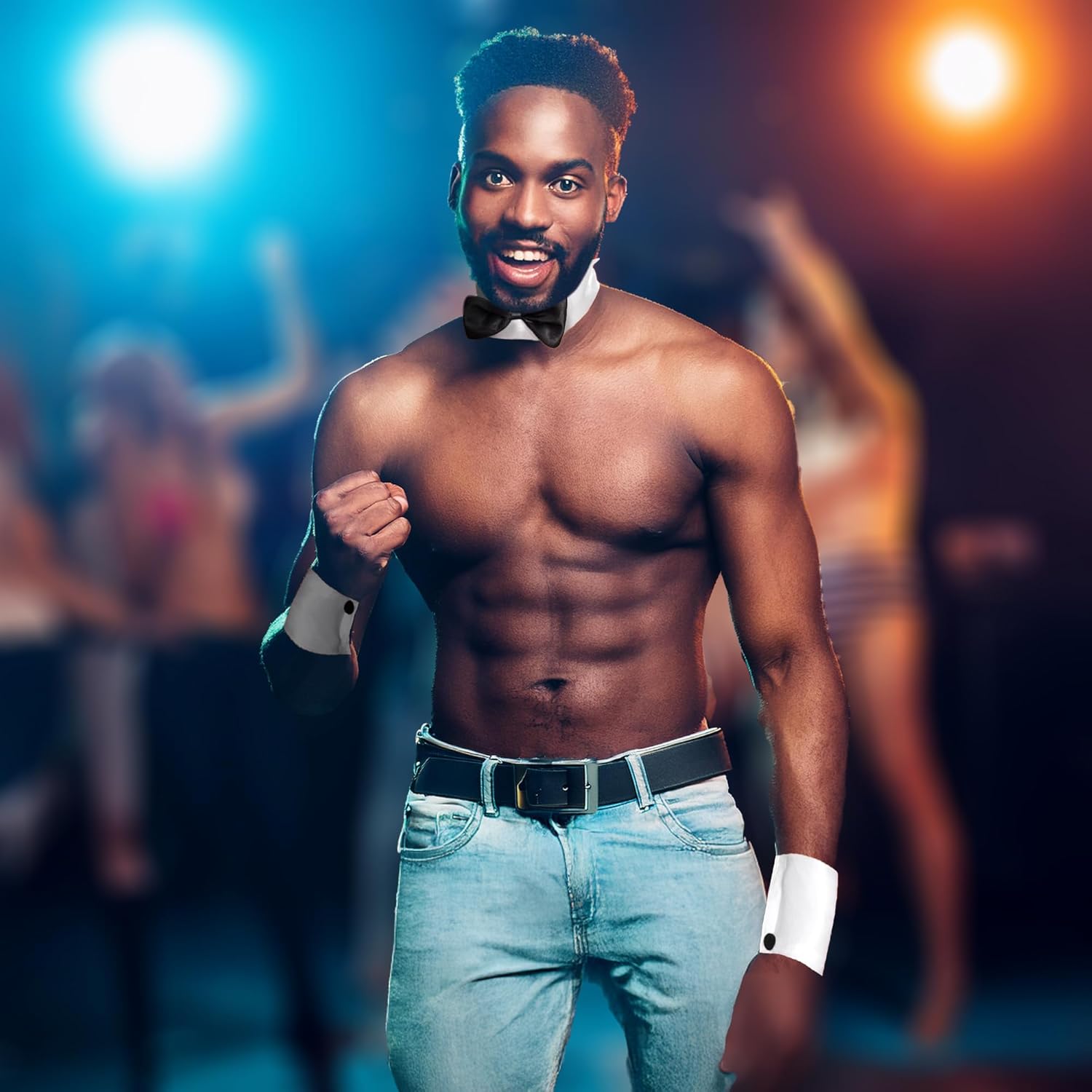 Collar Bow Tie & Cuff Set | Funny Waiter Outfit | Chippendale Costume | Skimpy Tuxedo Costume | Bow Tie and Cuff Set | White/Black | One Size - Image 4