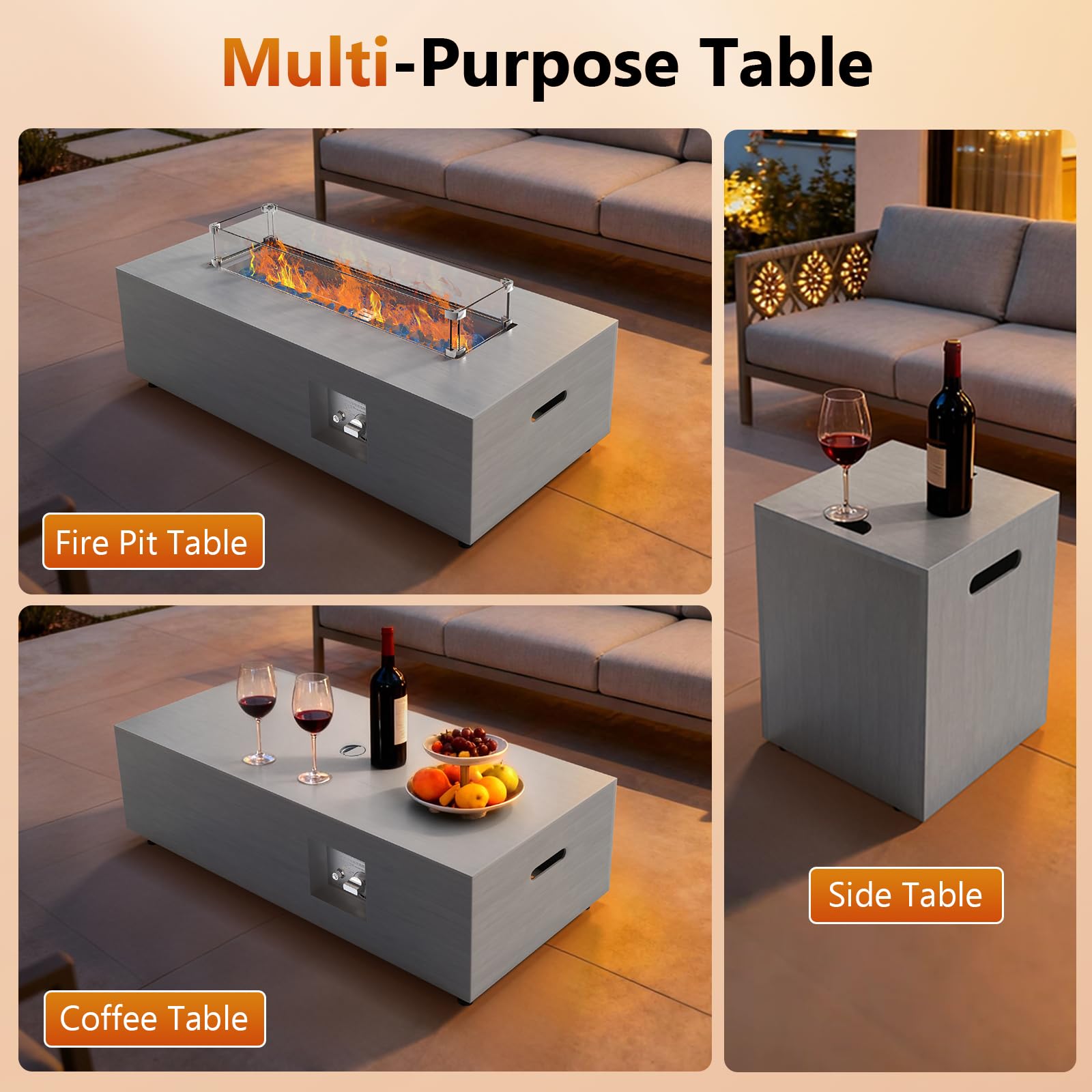 2-Piece 42" Rectangular Propane Fire Pit for Outside Patio with Hidden Tank Table, 50,000 BTU Fireplaces with Glass Wind Guard, Lid, Glass Rocks, Cover(Light Grey)