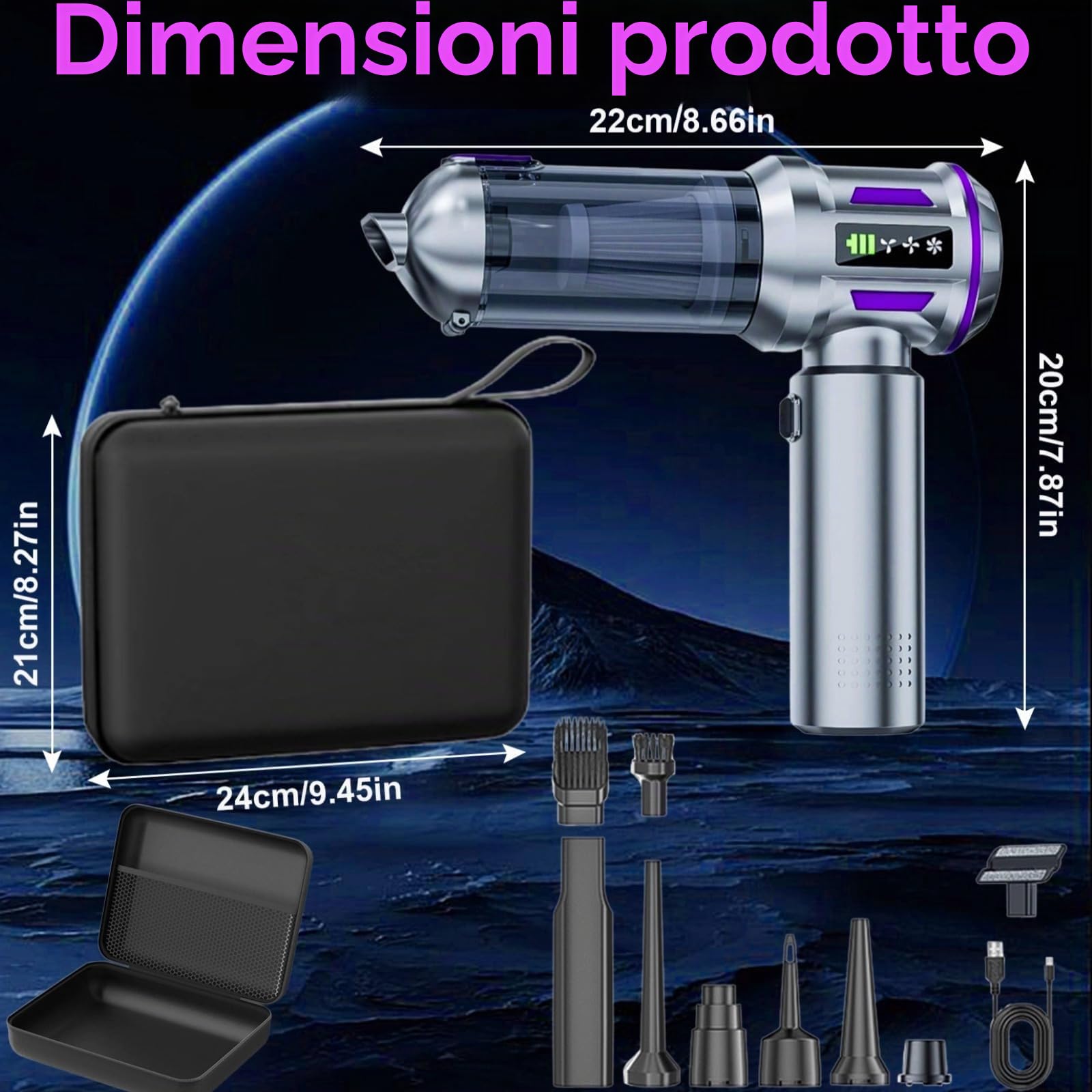 4 in 1 Aspirabriciole Senza Fili Potente, 22000PA Mini Aspirapolvere Potente, 3 Velocità Aspirapolvere Auto Portatile, Scarico Polvere Automatico a un Tocco per Auto Casa Ufficio Peli di Domestici