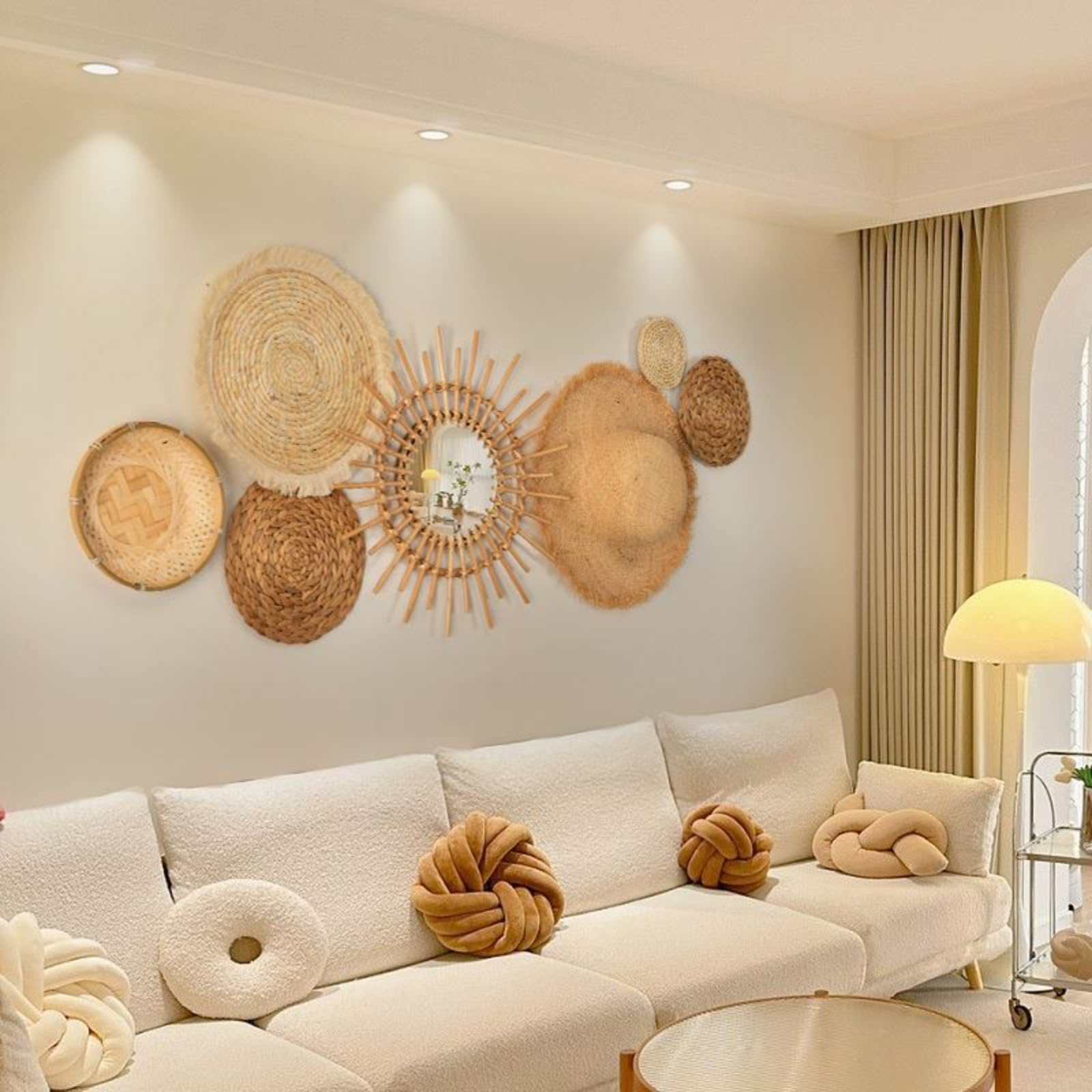 AQCQDQ Wandkorb Dekoration, Boho Dekor, Schlafzimmer Wanddekoration, Hängende Rattan Geflechtkörbe, Rustikale Wandkunst Dekoration (Kombination1-7 teiliges)