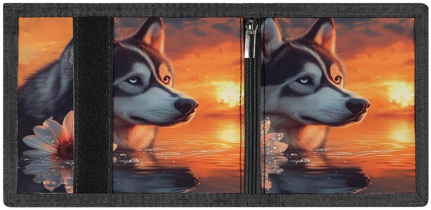 Siberian Huskie Dog Sunset Trifold Slim Wallet Front Pocket With Money Clip And ID Credit Card Slots For Travel Work