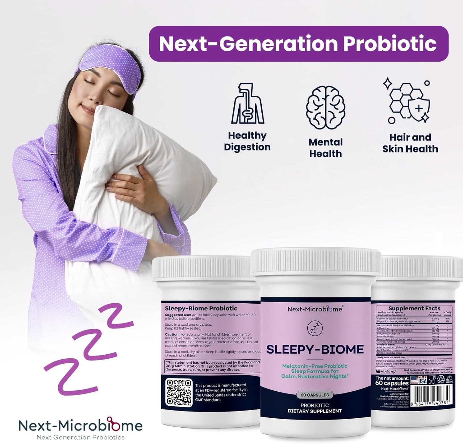 Sleepy-Biome – Melatonin-Free Probiotic Sleep Formula with GABA, L-Theanine, 5-HTP, Valerian, Lavender, Lemon Balm & Ashwagandha – Gut-Brain Axis Support for Calm, Restorative Sleep – 60 Capsules