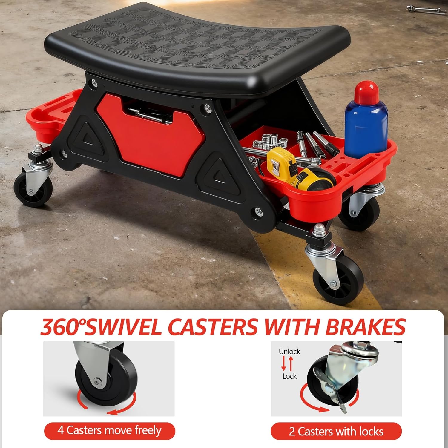 Mechanic Stool, Garage Stool, 300 LBS Capacity Heavy Duty Rolling Mechanics Seat with Two Tool Trays and Drawer, Tools for Automotive Auto Repair