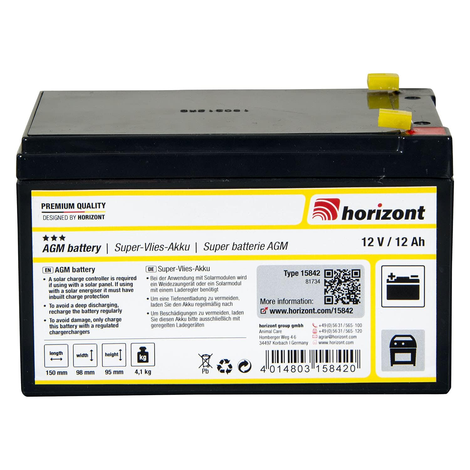 horizont Weidezaunakku 12V/12Ah Super-Vlies-Akku wiederaufladbar