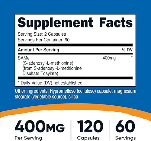 Miniatura 2 de Nutricost SAM-e (S-Adenosil-L-Metionina) 400 mg por porción, 60 porciones, 200 mg por cápsula, 120 cápsulas – Sin OMG, sin gluten mismo, vegetariano