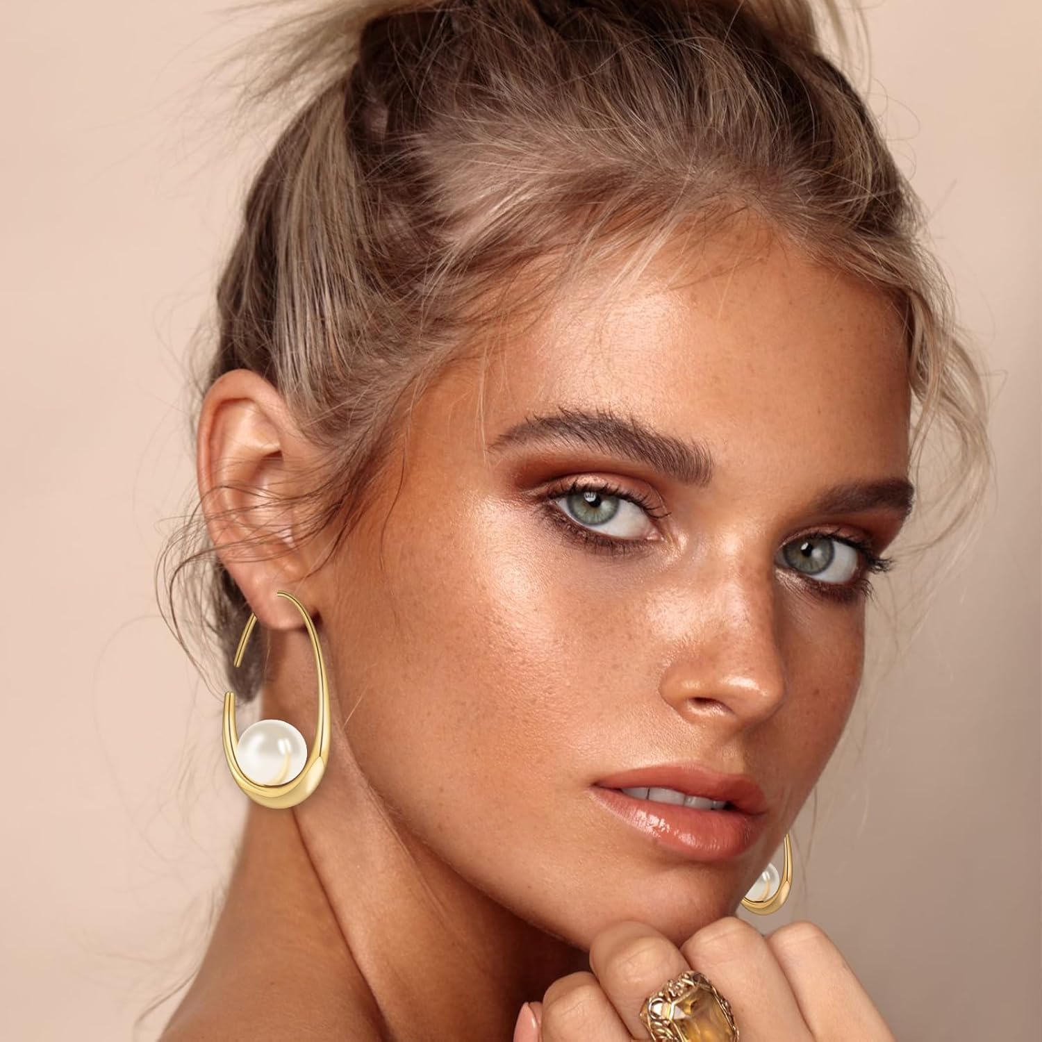 Statement Wedding Bridal Earrings Set, 18K Gold Earrings for Women, Large Oval Hoop Earrings, Long Imitation Pearl Drop Earrings as Birthday Christmas Gifts - Image 3